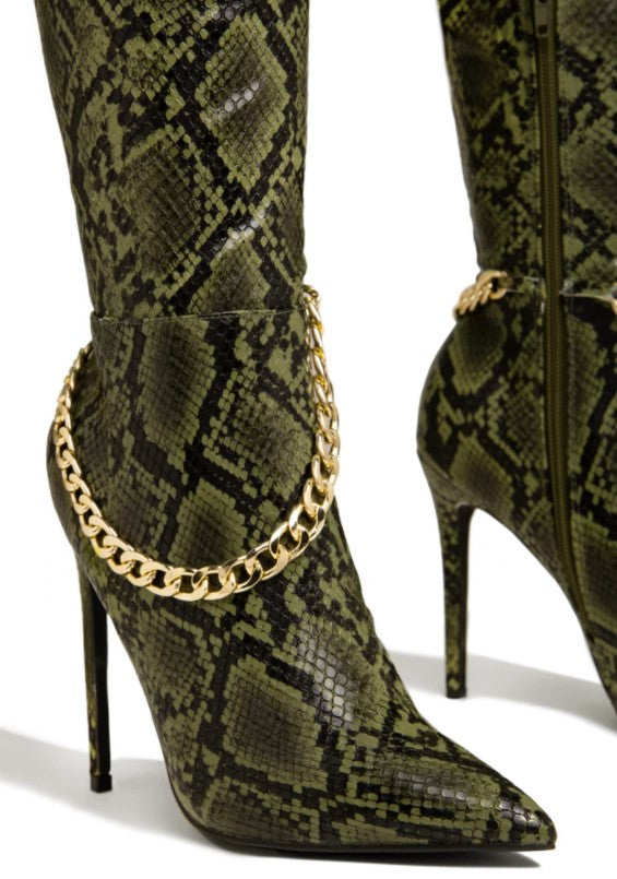 green snakeskin thigh high boots