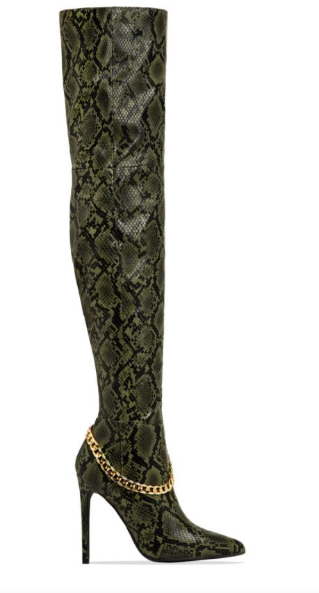 green snakeskin thigh high boots