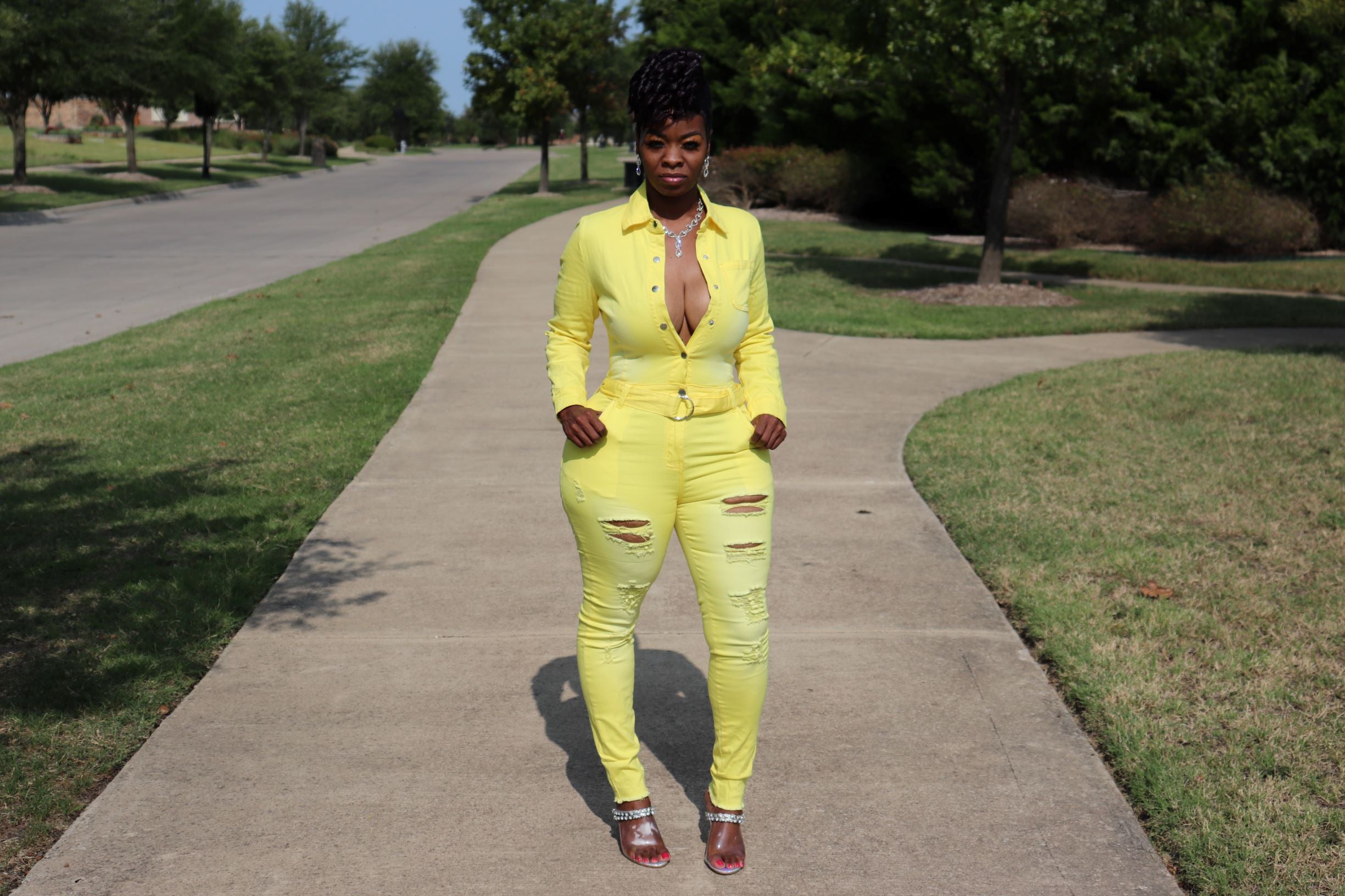 Yellow cheap jean jumpsuit